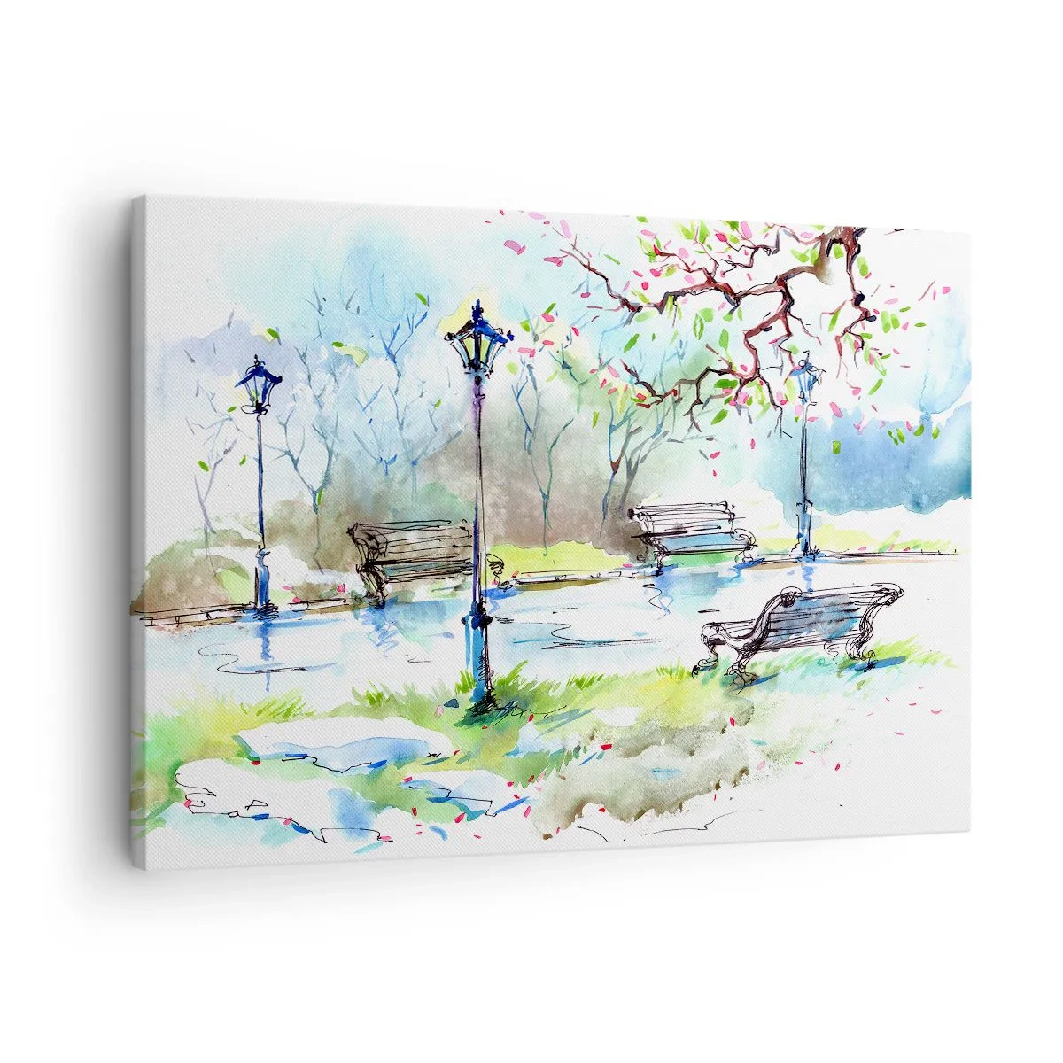 Obraz na plátne - Akvarelová parková scéna s lavičkami a lampami - 70x50cm - Kúzlo parkového ticha - Moderná nástenná dekorácia do obývacej izby a spálne ARTTOR