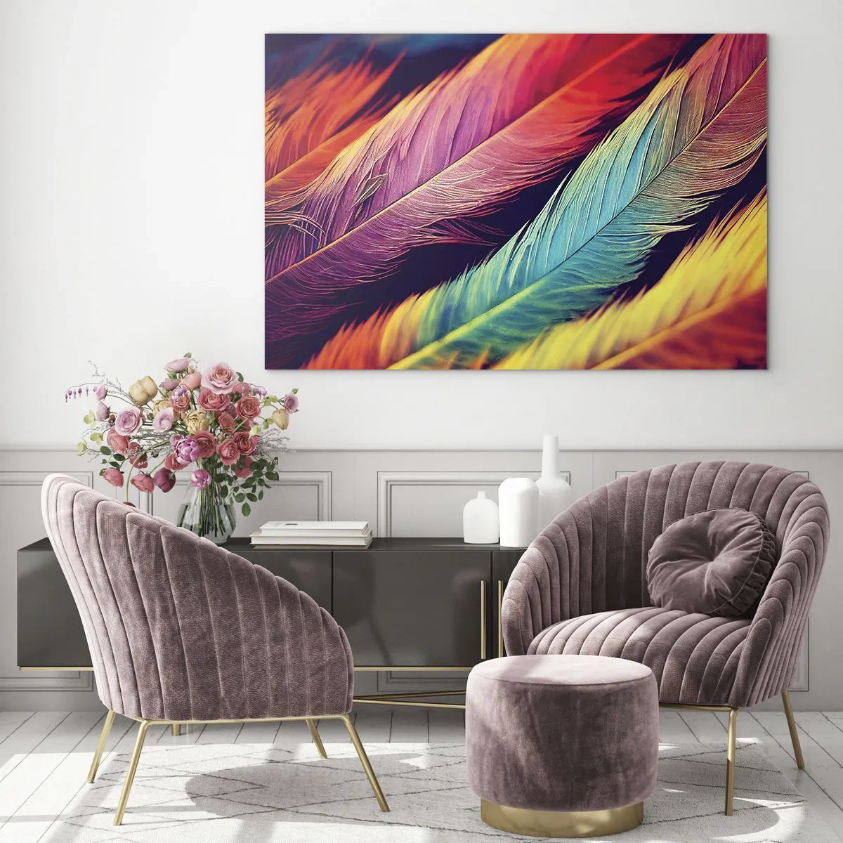 Obraz na skle - Farebné perie v intenzívnych dúhových odtieňoch - 70x50cm - Operená dúha - Moderná nástenná dekorácia do obývacej izby a spálne ARTTOR