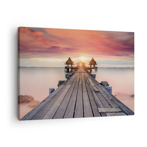 Obraz na plátne - Drevené mólo vedúce k altánkom pri západe slnka - 70x50cm - Západ na východe - Moderná nástenná dekorácia do obývacej izby a spálne ARTTOR