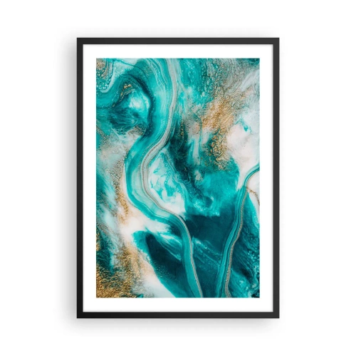 Plagát v čiernom ráme - Abstraktná kompozícia v odtieňoch tyrkysovej a zlatej. - 50x70cm - Rieka zlata - Moderná nástenná dekorácia do obývacej izby a spálne ARTTOR