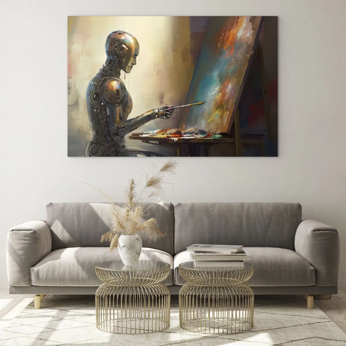 Obraz na skle - Robot maľuje obraz na stojane - 70x50cm - Umenie budúcnosti - Moderná nástenná dekorácia do obývacej izby a spálne ARTTOR