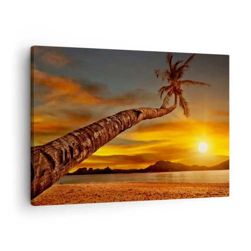 Obraz na plátne - Palma na pláži pri západe slnka s výhľadom na more - 70x50cm - Exotické prázdniny, karibské dobrodružstvo - Moderná nástenná dekorácia do obývacej izby a spálne ARTTOR