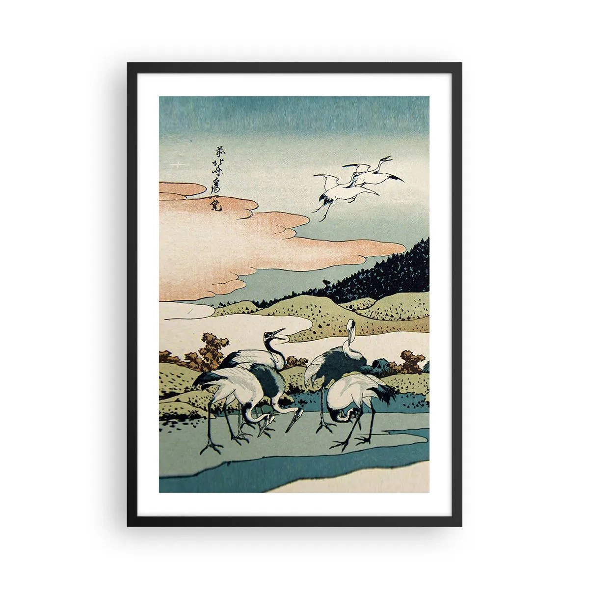 Plagát v čiernom ráme - Tradičné japonské umelecké dielo s žeriavmi v prírodnej krajine - 50x70cm - V japonskom duchu - Moderná nástenná dekorácia do obývacej izby a spálne ARTTOR