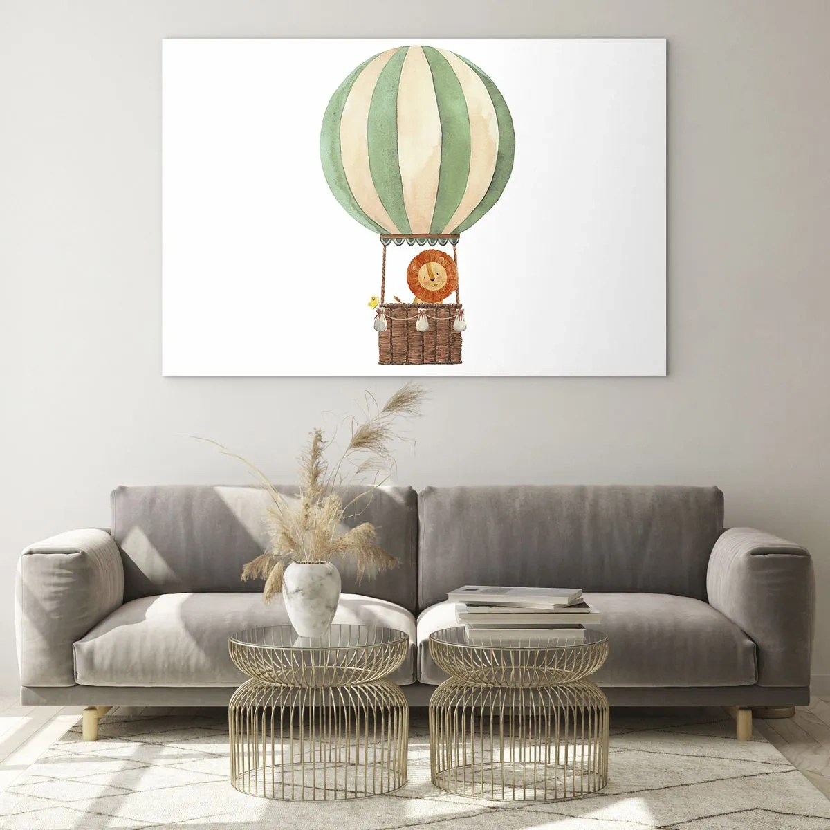 Obraz na skle - Lev v balónovom koši plávajúci na bielom pozadí - 70x50cm - Leonove cesty - Moderná nástenná dekorácia do obývacej izby a spálne ARTTOR