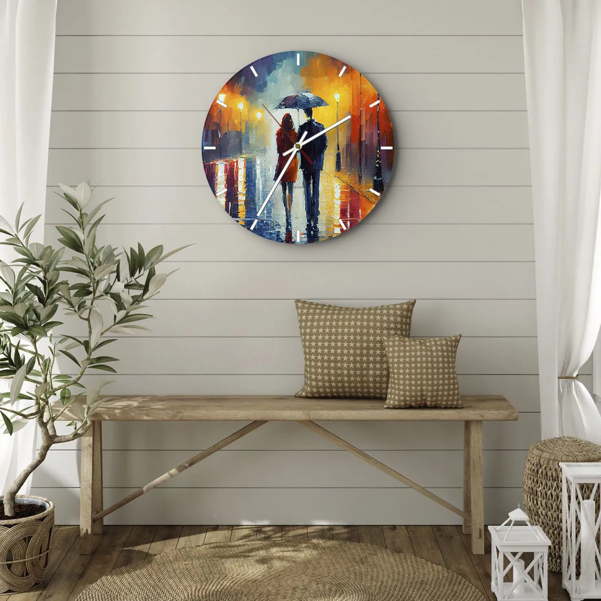 Nástenné hodiny - Pár s dáždnikom na farebnej, daždivej ulici v noci. - 30x30cm - Spolu – farebná noc - Moderná nástenná dekorácia do obývacej izby, kuchyne a spálne ARTTOR