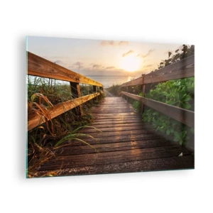 Obraz na skle - Drevená lávka vedúca na pláž pri západe slnka - 70x50cm - A priamo k brehu - Moderná nástenná dekorácia do obývacej izby a spálne ARTTOR