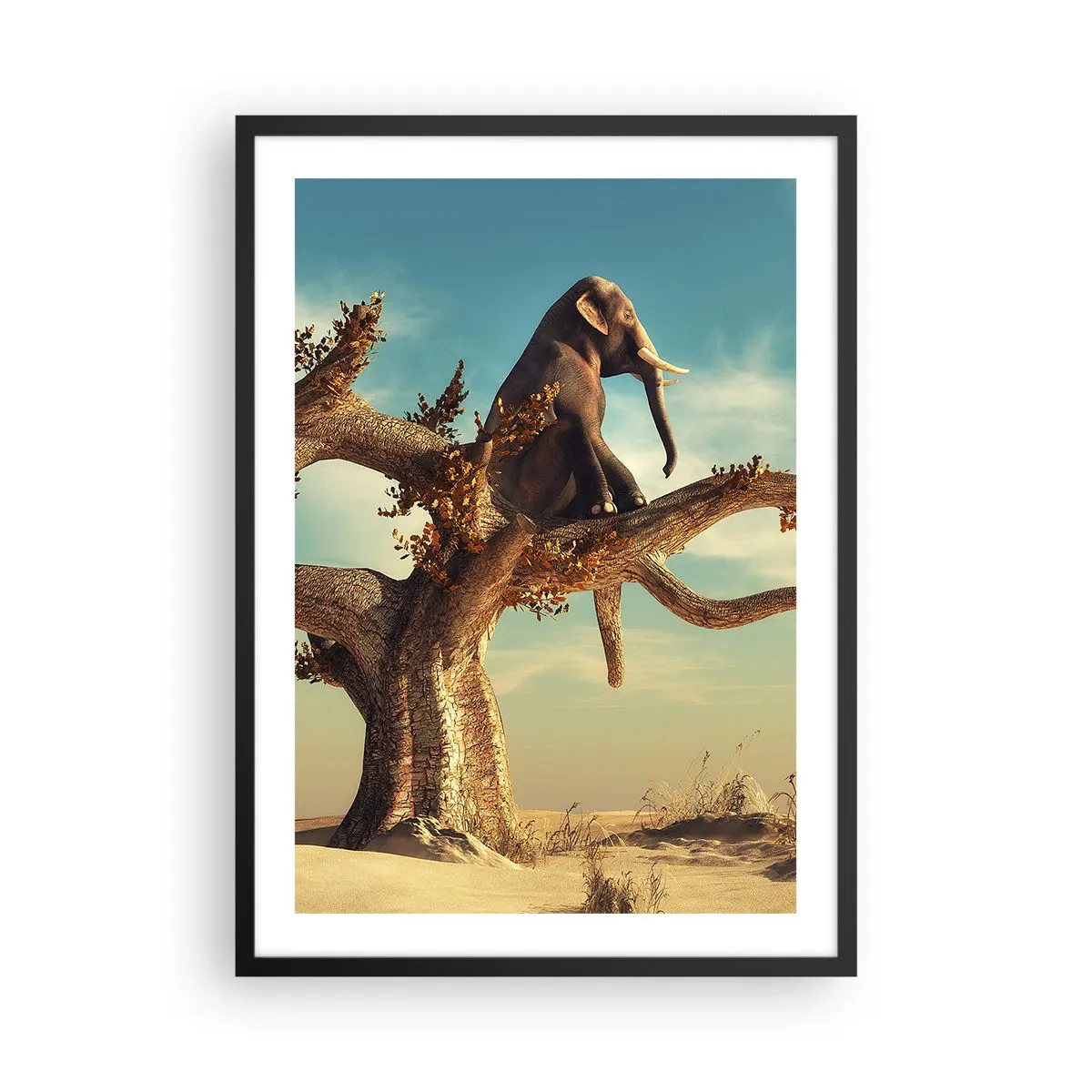 Plagát v čiernom ráme - Slon sediaci na konári stromu v surrealistickej krajine. - 50x70cm - Nový uhol pohľadu - Moderná nástenná dekorácia do obývacej izby a spálne ARTTOR