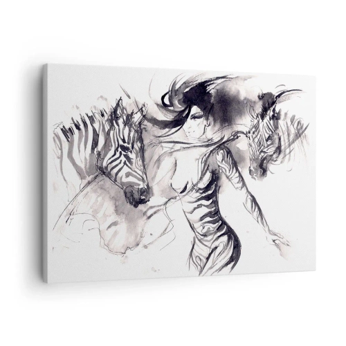 Obraz na plátne - Žena v dynamickom tanci so zebrami v čiernobielej estetike - 70x50cm - Tancujúca so zebrami - Moderná nástenná dekorácia do obývacej izby a spálne ARTTOR