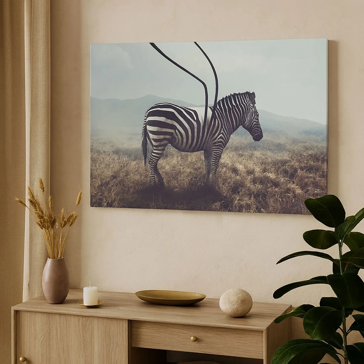 Obraz na plátne - Surrealistická zebra na pozadí trávnatej krajiny - 70x50cm - Pozor! Porucha - Moderná nástenná dekorácia do obývacej izby a spálne ARTTOR