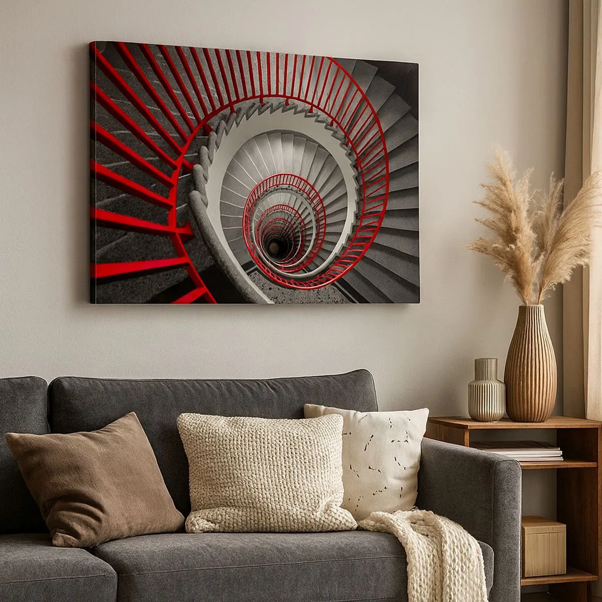 Obraz na plátne - Točité schodisko s červenými zábradlím v dynamickej perspektíve - 70x50cm - Architektonické hry - Moderná nástenná dekorácia do obývacej izby a spálne ARTTOR