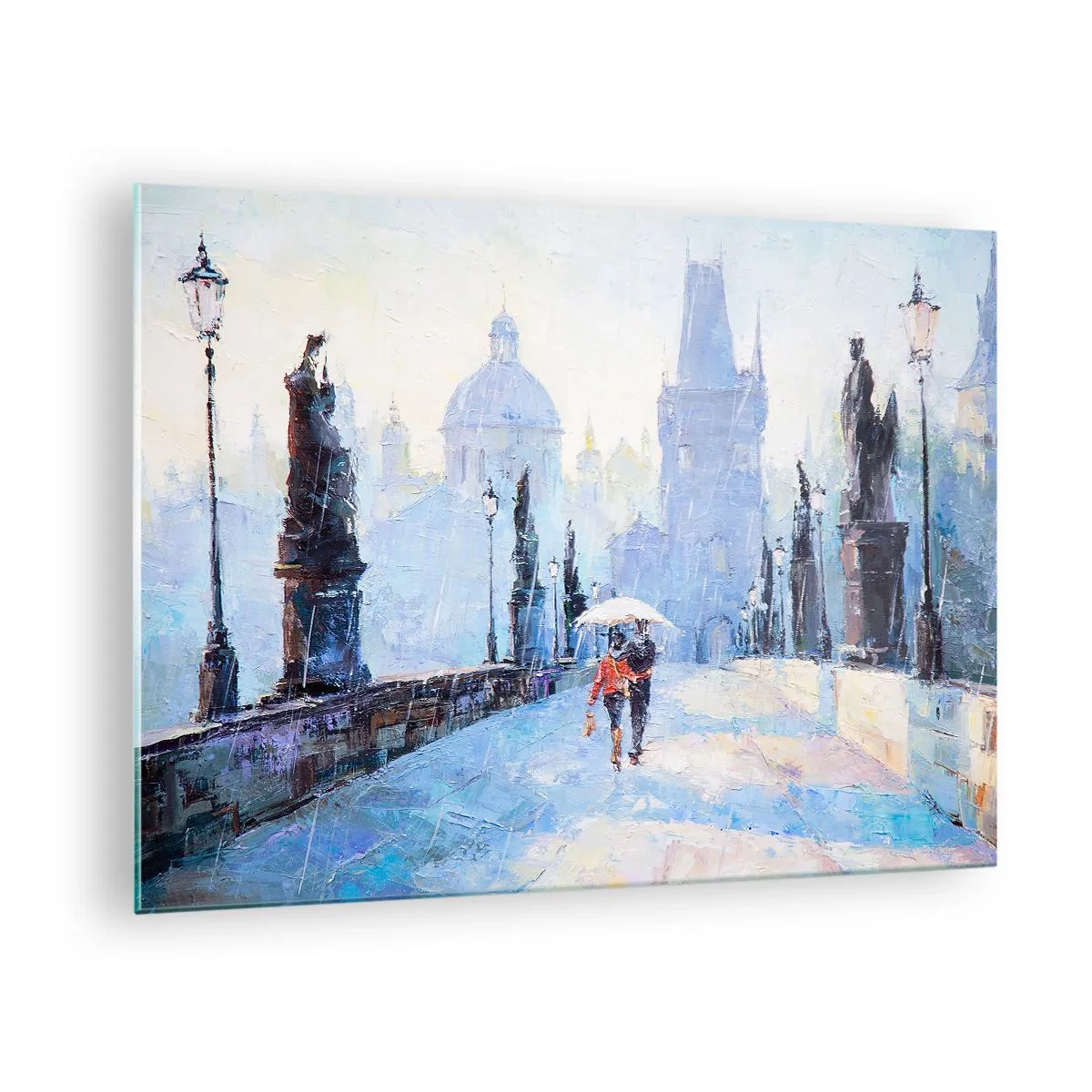 Obraz na skle - Prechádzka s dáždnikom po historickom moste v daždivý deň - 70x50cm - Nás musel očariť dážď - Moderná nástenná dekorácia do obývacej izby a spálne ARTTOR