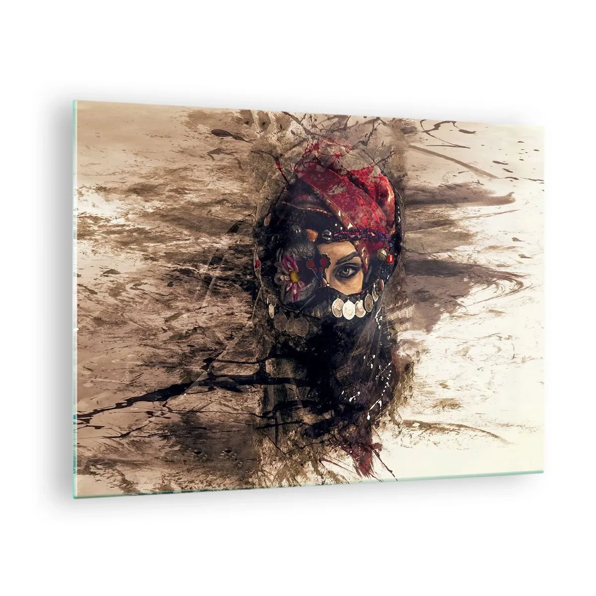 Obraz na skle - Portrét tajomnej ženy v červenom turbane - 70x50cm - Prinajmenšom znepokojujúca - Moderná nástenná dekorácia do obývacej izby a spálne ARTTOR