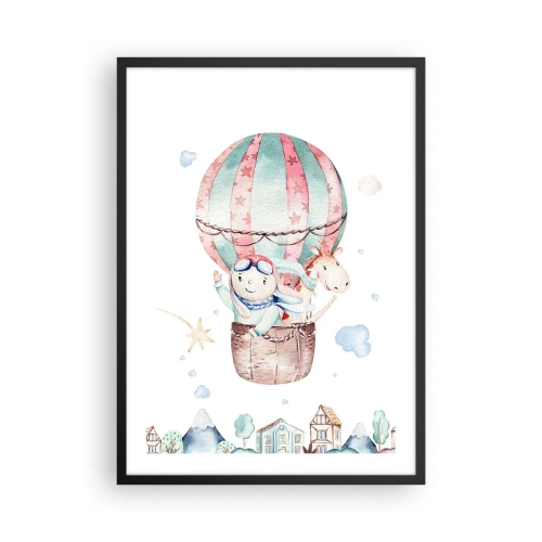 Plagát v čiernom ráme - Roztomilá ilustrácia plyšového medvedíka lietajúceho v balóne nad mestom - 50x70cm - Čoskoro sa vrátime! - Moderná nástenná dekorácia do obývacej izby a spálne ARTTOR