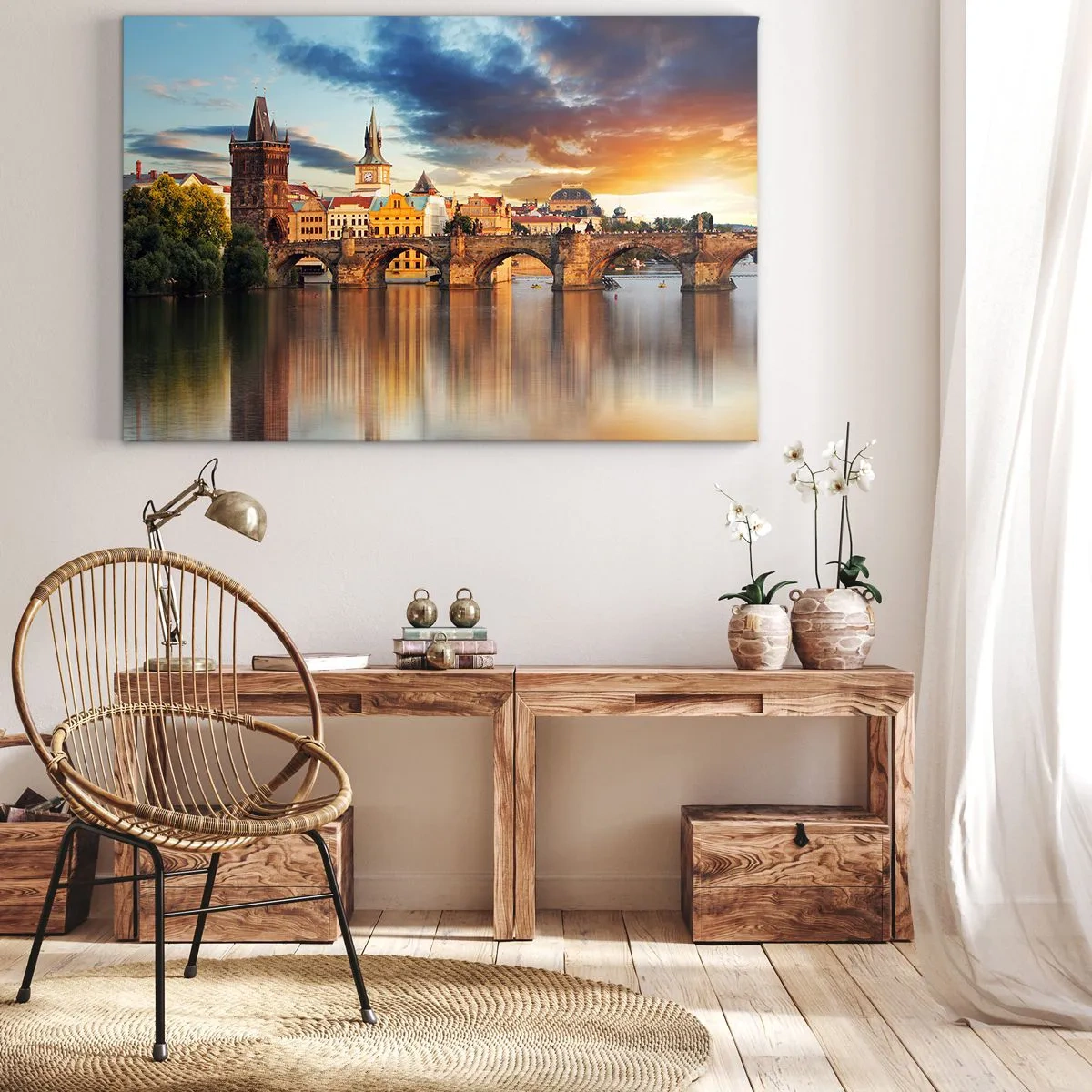 Obraz na plátne - Historický most cez rieku vo svetle zapadajúceho slnka - 70x50cm - Krásna od pradávna - Moderná nástenná dekorácia do obývacej izby a spálne ARTTOR