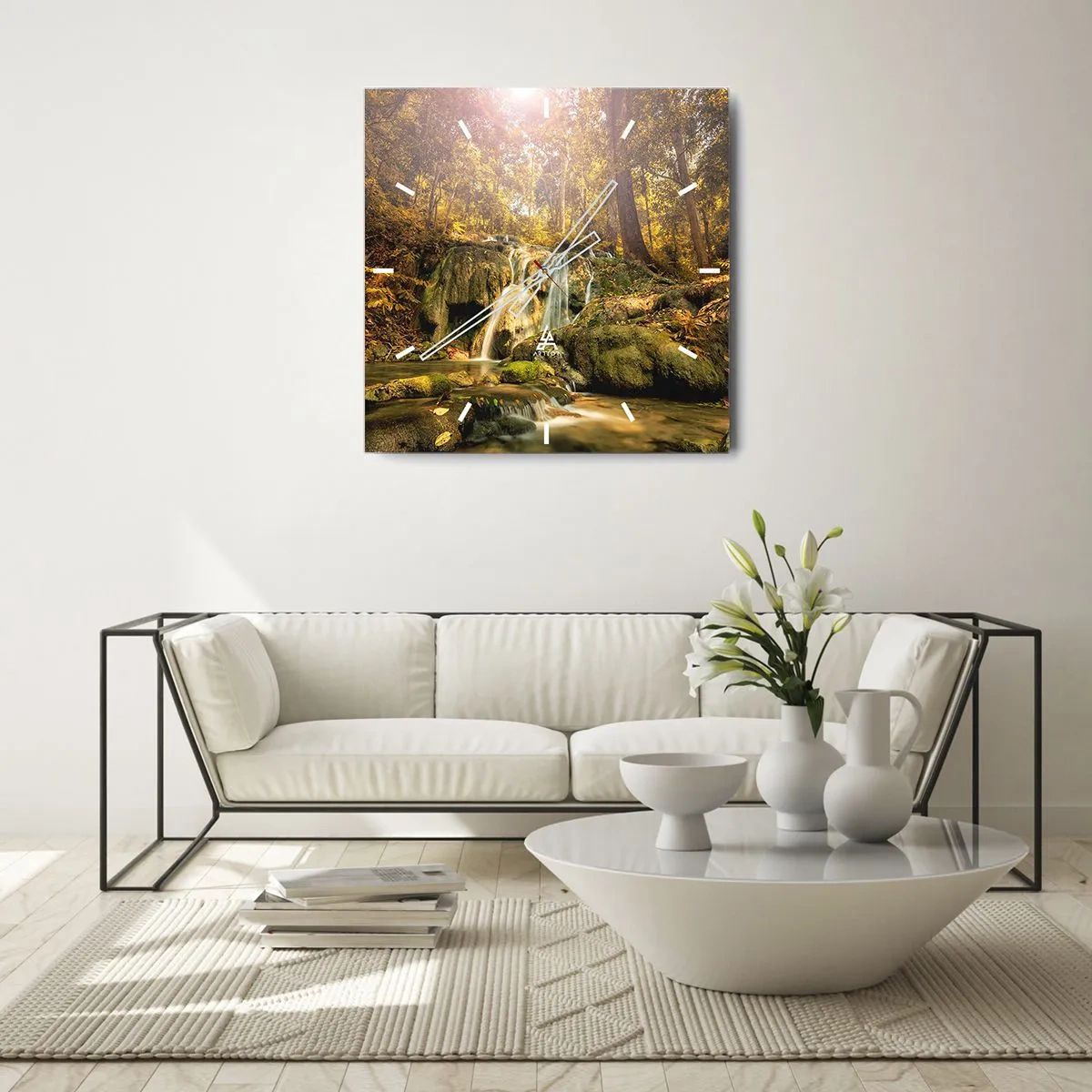 Nástenné hodiny - Lesný vodopád v zeleni - 30x30 cm