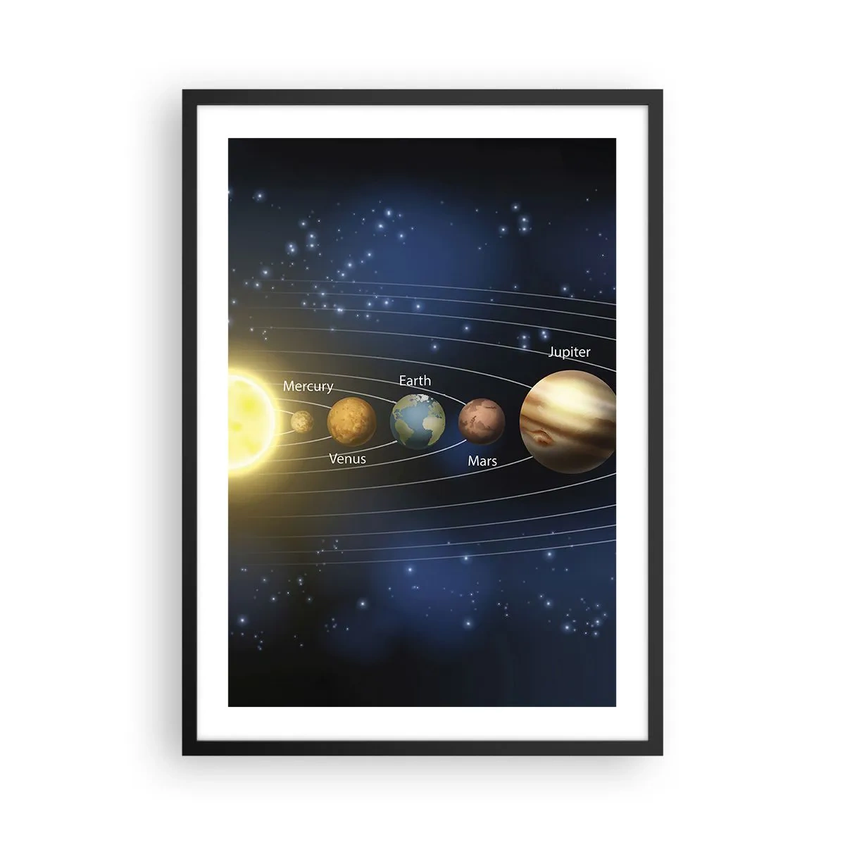 Plagát v čiernom ráme - Slnečná sústava s planétami na pozadí hviezd - 50x70cm - Jedna z desiatich - Moderná nástenná dekorácia do obývacej izby a spálne ARTTOR