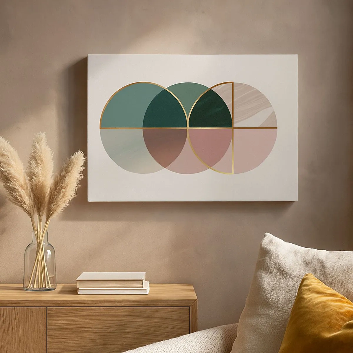 Obraz na plátne - Abstraktná kompozícia geometrických tvarov a zlatých čiar. - 70x50cm - Kolesá… - Moderná nástenná dekorácia do obývacej izby a spálne ARTTOR