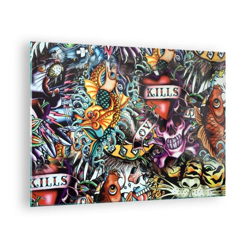 Obraz na skle - Farebná kompozícia vzorov inšpirovaných tetovacími technikami - 70x50cm - Sen tatéra - Moderná nástenná dekorácia do obývacej izby a spálne ARTTOR