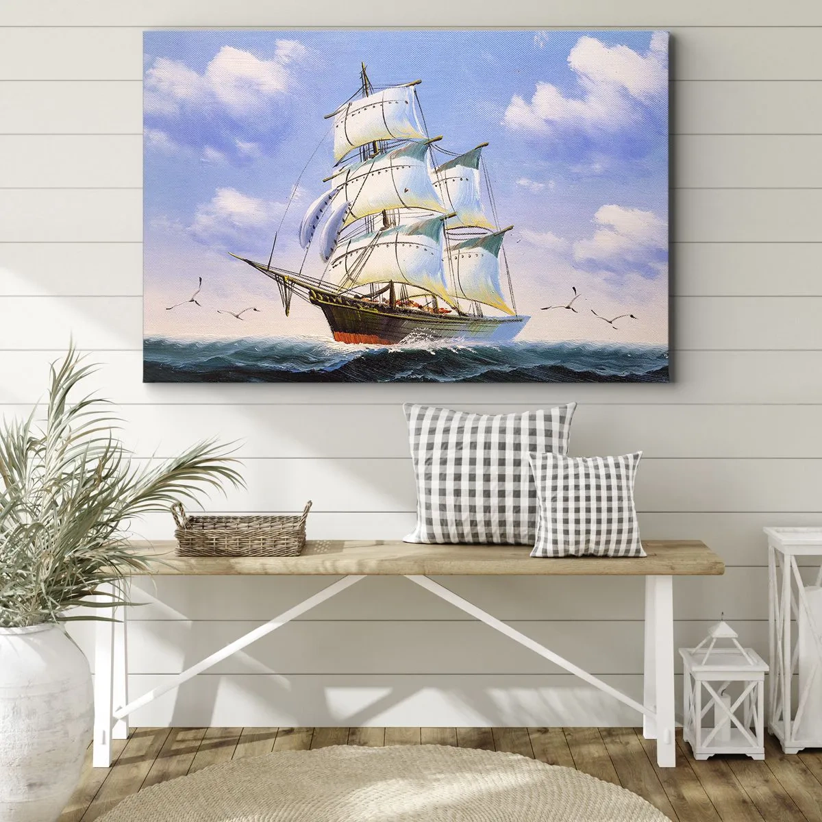Obraz na plátne - Plachetnica na otvorenom mori pod modrou oblohou - 70x50cm - Hrdo s vetrom - Moderná nástenná dekorácia do obývacej izby a spálne ARTTOR