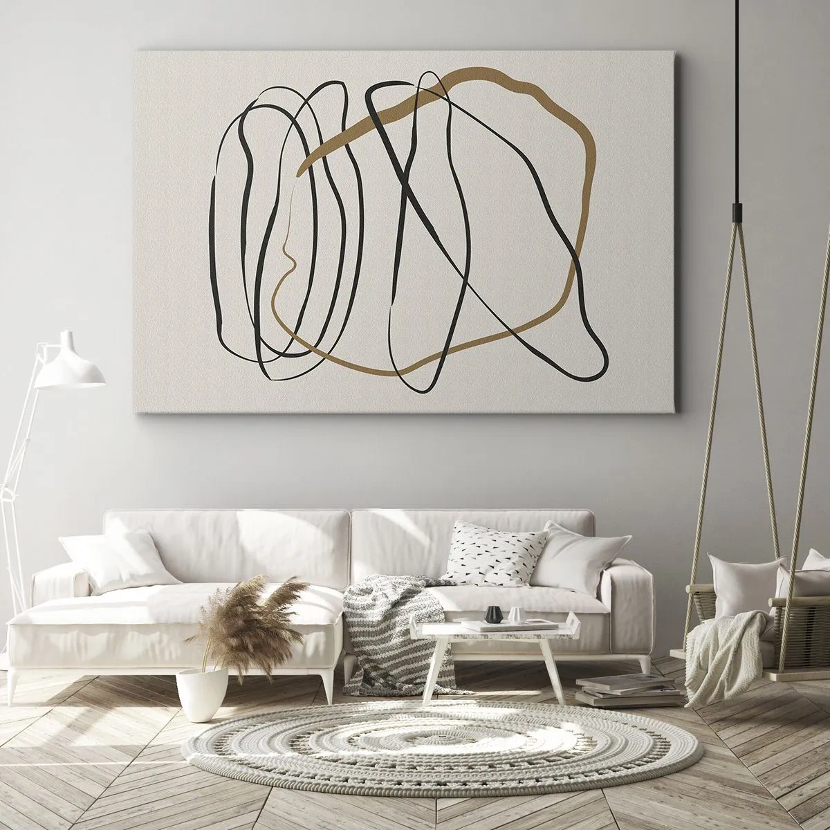 Obraz na plátne - Umelecké čiary v čiernej a zlatej farbe na svetlom pozadí - 70x50cm - Kompozícia – tanec v slučke - Moderná nástenná dekorácia do obývacej izby a spálne ARTTOR