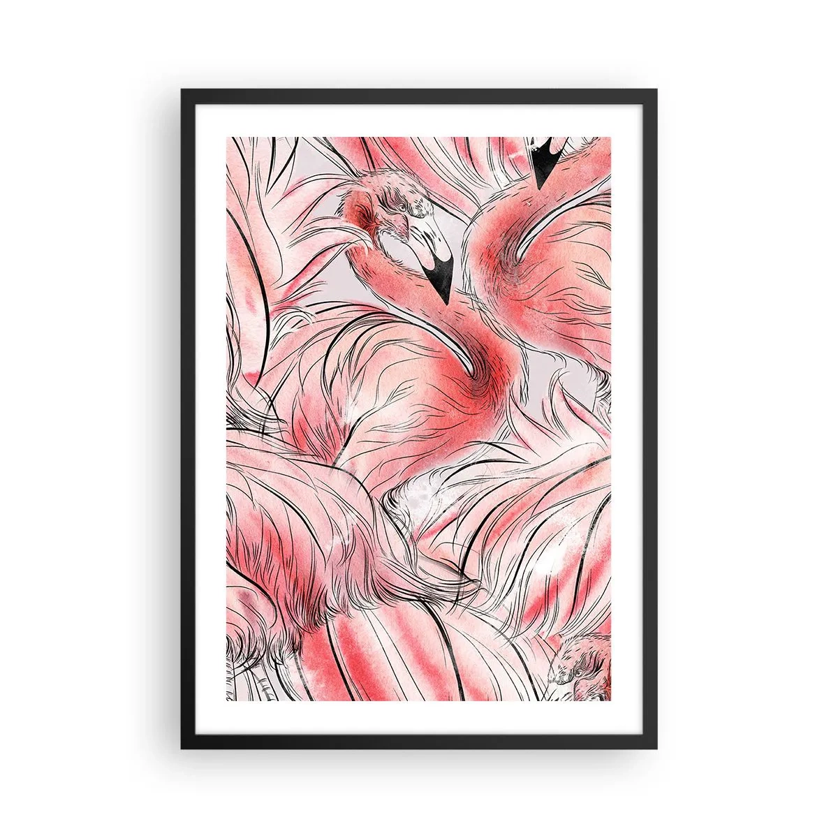 Plagát v čiernom ráme - Jemný vzor plameniakov v odtieňoch ružovej - 50x70cm - Vtáči corps de ballet - Moderná nástenná dekorácia do obývacej izby a spálne ARTTOR