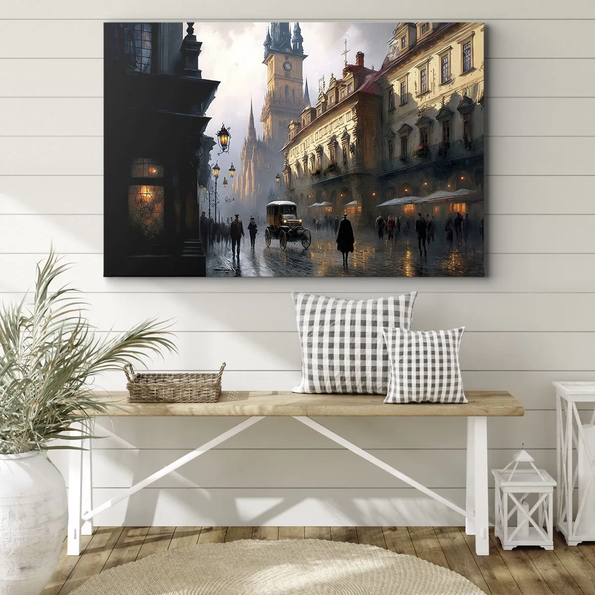 Obraz na plátne - Večerná pouličná scéna s historickou architektúrou - 70x50cm - Kúzlo pražského večera - Moderná nástenná dekorácia do obývacej izby a spálne ARTTOR