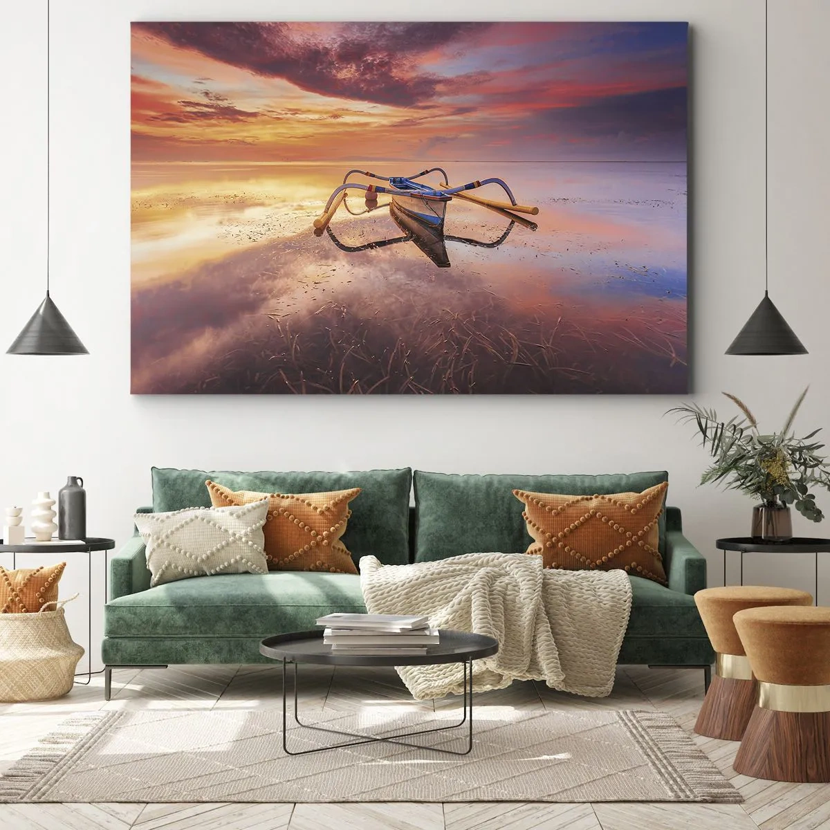 Obraz na plátne - Loď na pokojnej vode pri západe slnka - 70x50cm - Pokoj tropického večera - Moderná nástenná dekorácia do obývacej izby a spálne ARTTOR