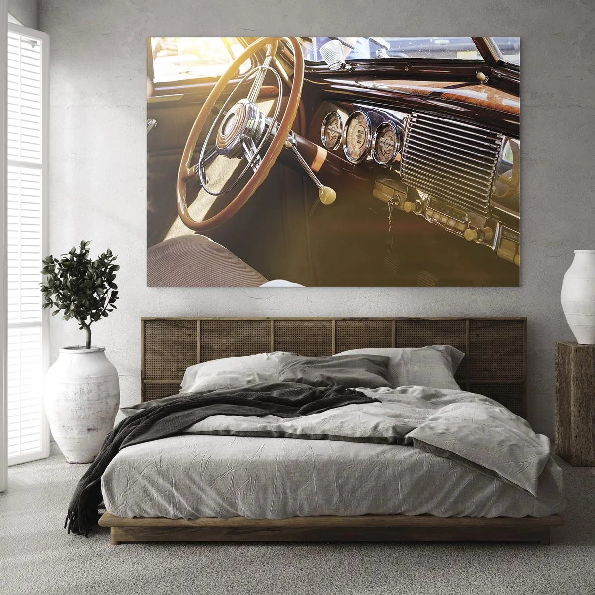 Obraz na skle - Interiér veterána s dreveným volantom - 70x50cm - Závan luxusu z minulosti - Moderná nástenná dekorácia do obývacej izby a spálne ARTTOR