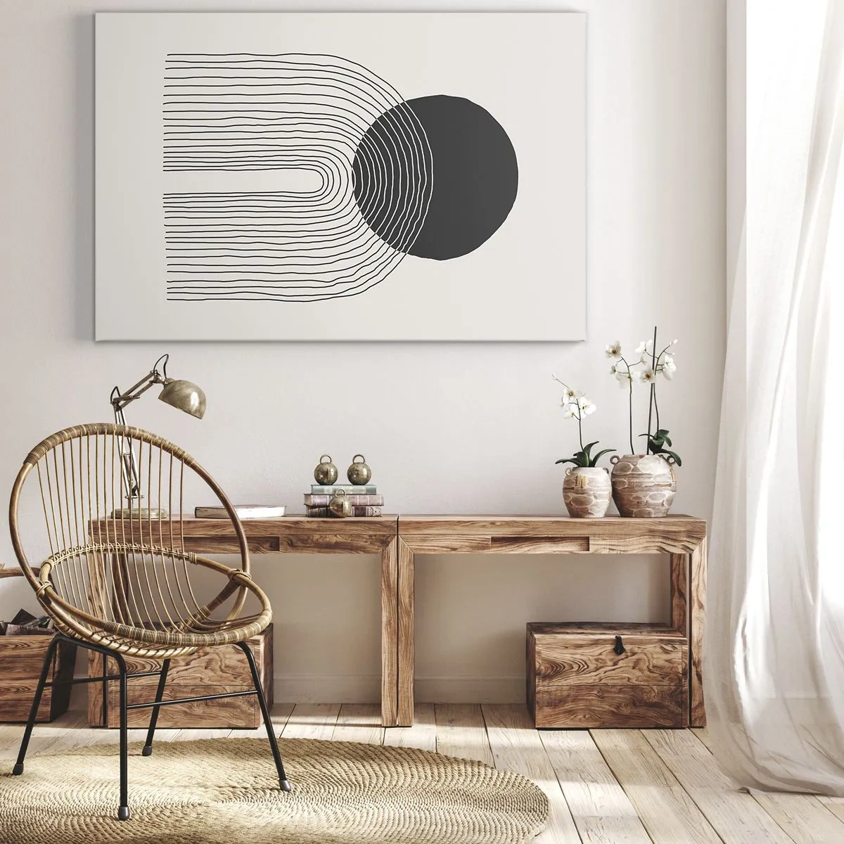 Obraz na plátne - Abstraktný vzor s čiarami a čiernym kruhom na svetlom pozadí - 70x50cm - Chvenie a istota - Moderná nástenná dekorácia do obývacej izby a spálne ARTTOR