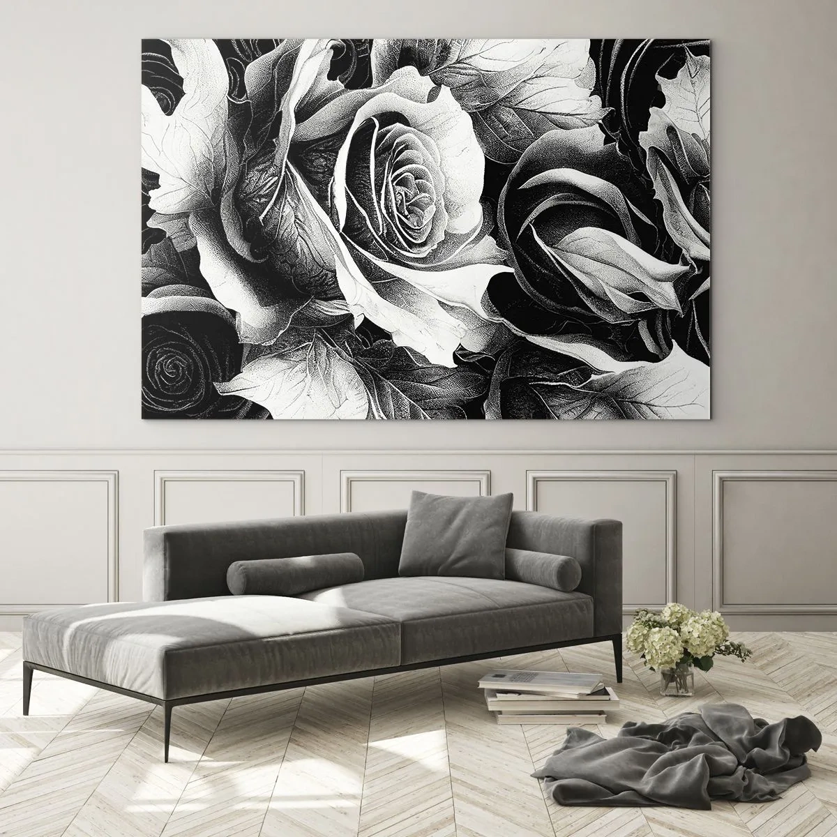 Obraz na skle - Čiernobiele ružové kvetinové aranžmány s detailmi - 70x50cm - Navždy kráľovná - Moderná nástenná dekorácia do obývacej izby a spálne ARTTOR