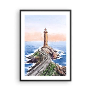 Plagát v čiernom ráme - Akvarelová ilustrácia majáka na skalnatom pobreží - 50x70cm - Tvárou v tvár moru - Moderná nástenná dekorácia do obývacej izby a spálne ARTTOR