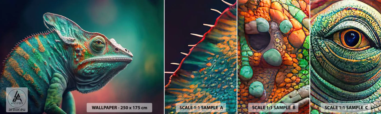 Vzorka samolepiacej fototapety Deluxe Sticker - Vidíš ma? To nie je dobre… - Chameleón, Zvieratá, Plaz - 100x30 cm