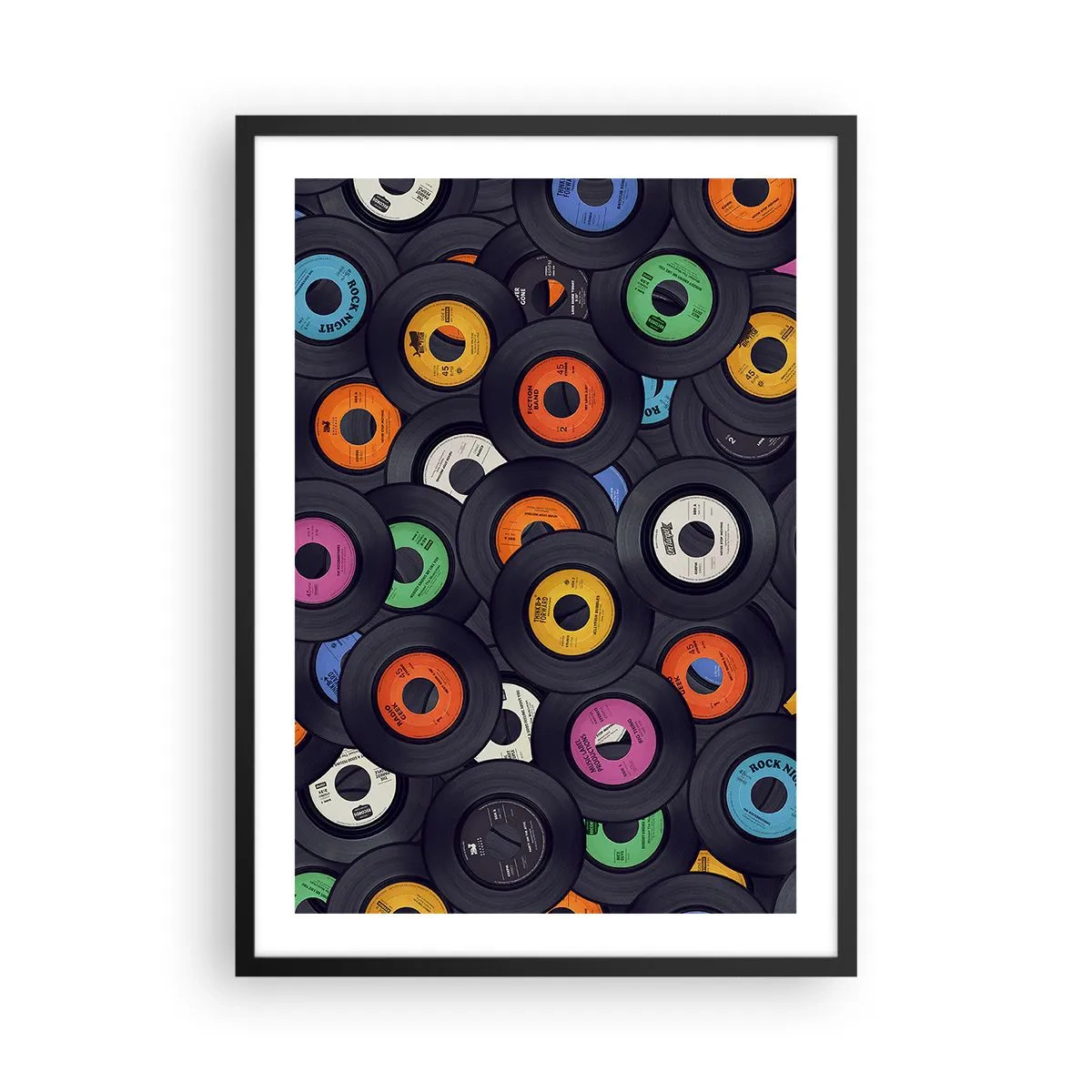 Plagát v čiernom ráme - Kolekcia farebných vinylových platní - 50x70cm - Farby klasiky - Moderná nástenná dekorácia do obývacej izby a spálne ARTTOR