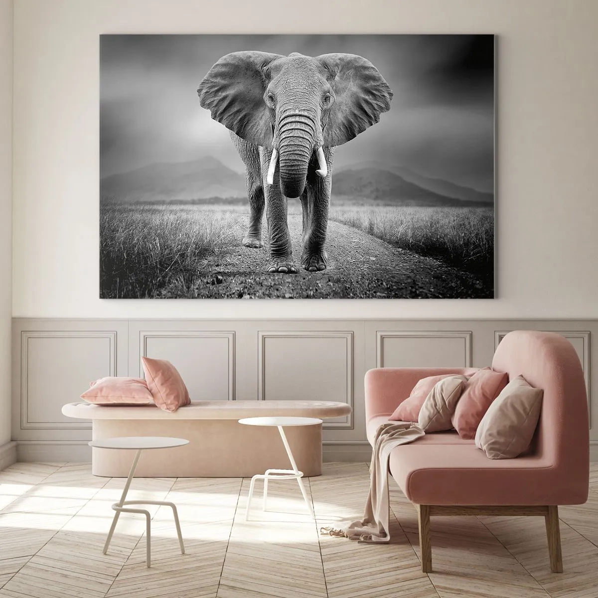 Obraz na skle - Slon na savane v čiernom a bielom - 70x50cm - Hostiteľ víta - Moderná nástenná dekorácia do obývacej izby a spálne ARTTOR