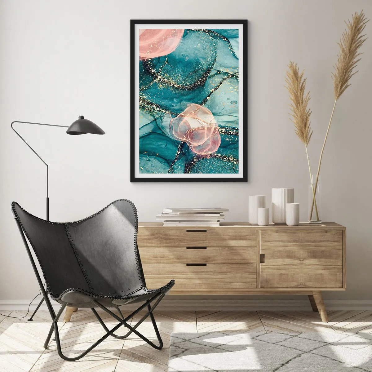 Plagát v čiernom ráme - Abstraktná kompozícia v odtieňoch tyrkysovej a zlatej. - 50x70cm - Modré hodváb modré, ružový tyl - Moderná nástenná dekorácia do obývacej izby a spálne ARTTOR