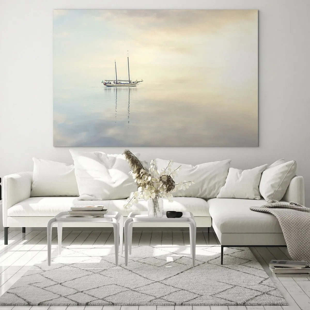 Obraz na skle - Plachetnica unášaná pokojným morom za úsvitu - 70x50cm - V mori ticha - Moderná nástenná dekorácia do obývacej izby a spálne ARTTOR