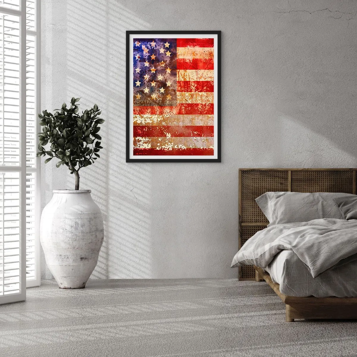 Plagát v čiernom ráme - Vintage vlajka USA so starnutým efektom - 50x70cm - Chvála nekončí - Moderná nástenná dekorácia do obývacej izby a spálne ARTTOR