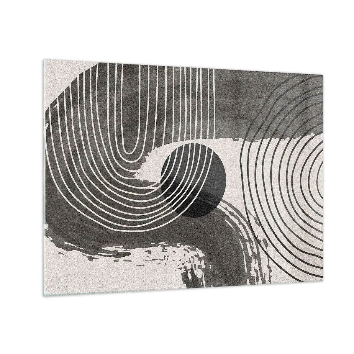 Obraz na skle - Moderná abstrakcia s čiernobielymi čiarami a oválom - 70x50cm - Ovál víťazí - Moderná nástenná dekorácia do obývacej izby a spálne ARTTOR