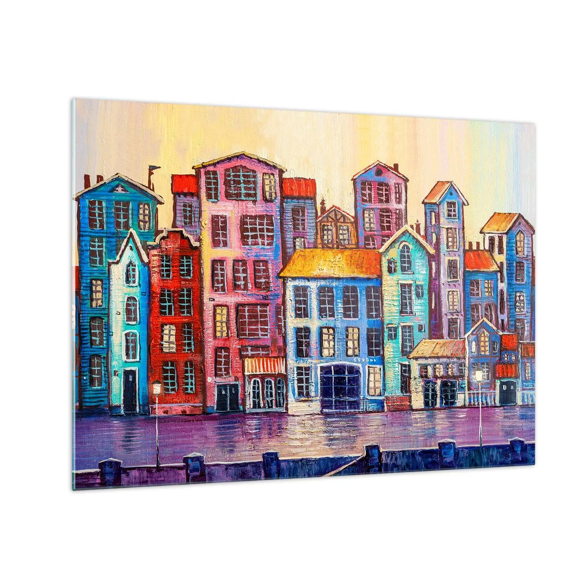 Obraz na skle - Farebné činžiakové domy sa odrážajú vo vode - 70x50cm - Mesto ako z rozprávky - Moderná nástenná dekorácia do obývacej izby a spálne ARTTOR