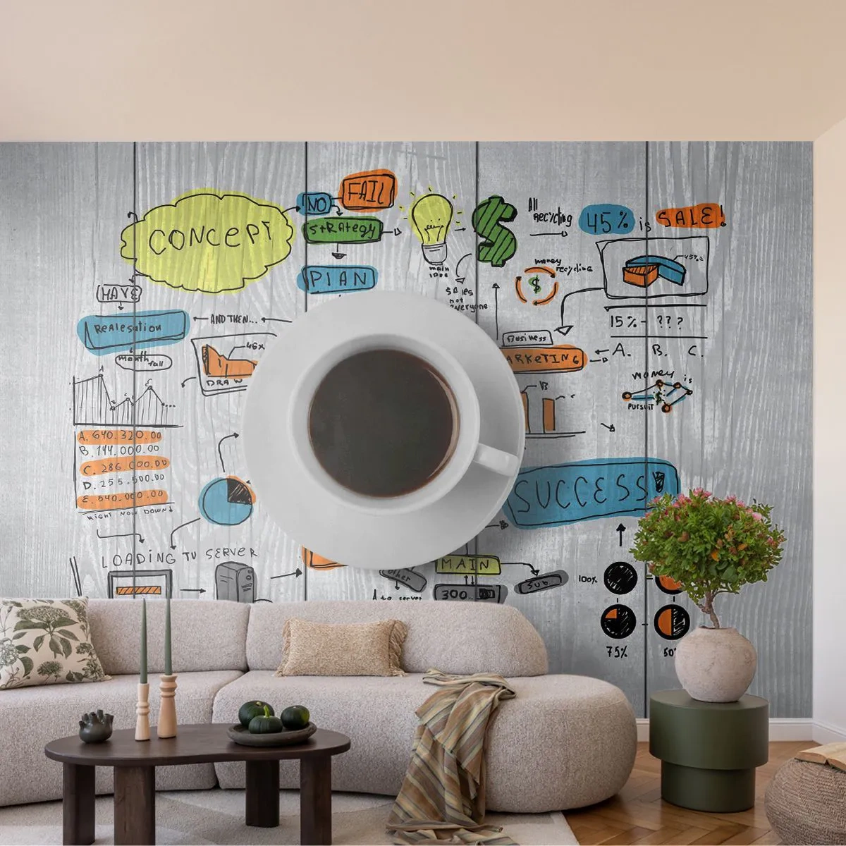 Fototapeta Standard Eco - Šálka kávy s obchodnými náčrtmi na dreve v pozadí - 100x70cm - Čas na prestávku - Moderná nástenná dekorácia do obývacej izby a spálne ARTTOR