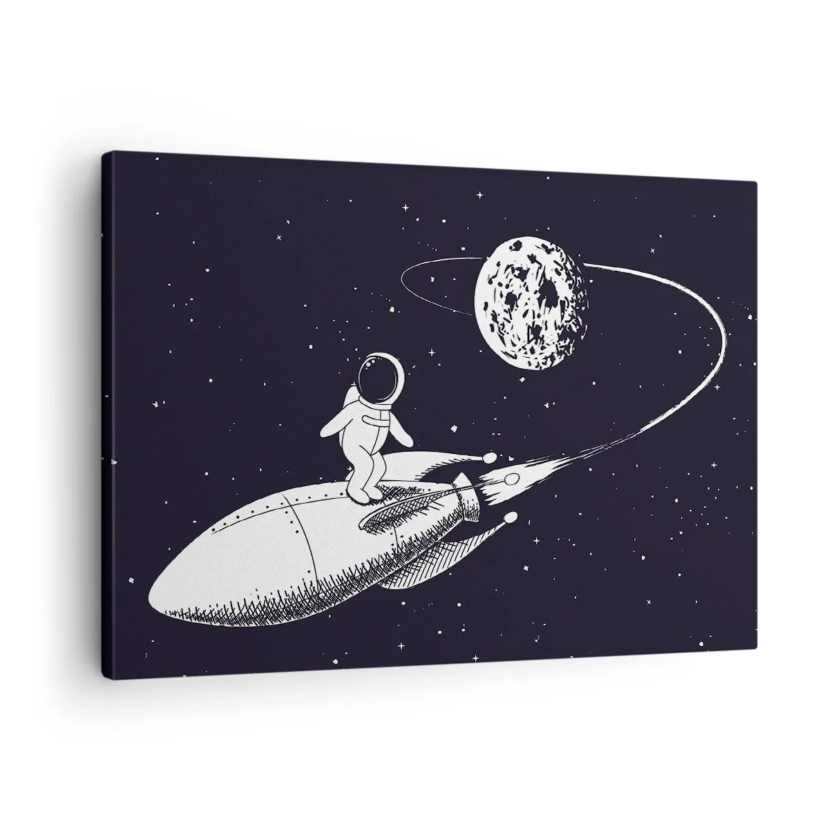 Obraz na plátne - Astronaut na rakete vo vesmíre - 70x50cm - Vesmírny surfista - Moderná nástenná dekorácia do obývacej izby a spálne ARTTOR