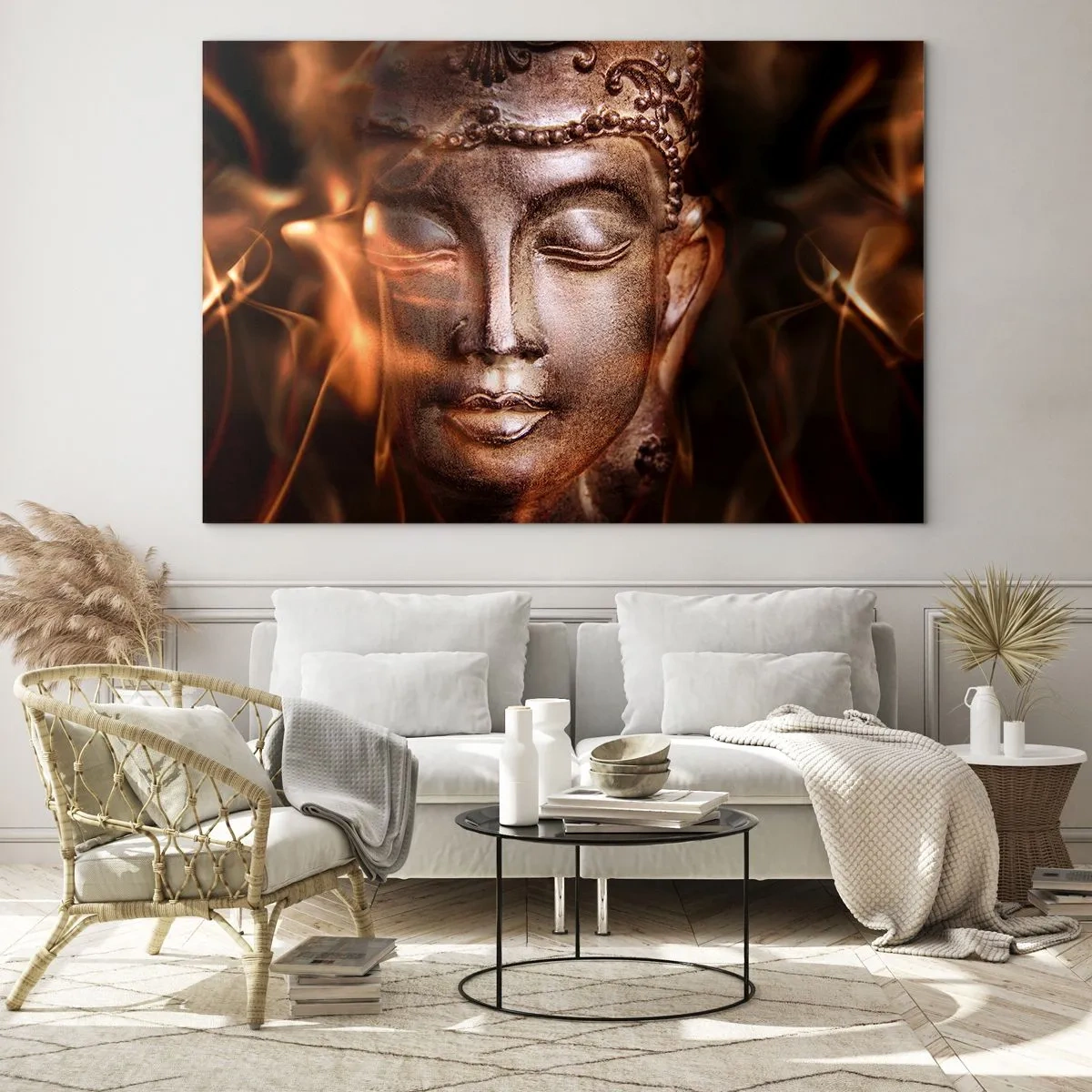Obraz na skle - Zahmlená tvár Budhu v teplých odtieňoch zlatej a hnedej - 70x50cm - Existuje iba tu a teraz - Moderná nástenná dekorácia do obývacej izby a spálne ARTTOR