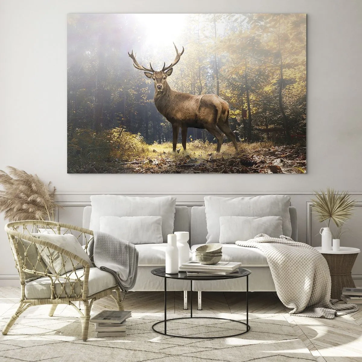 Obraz na skle - Majestátny jeleň v slnečnom jesennom lese - 70x50cm - Plné dôstojnosti - Moderná nástenná dekorácia do obývacej izby a spálne ARTTOR