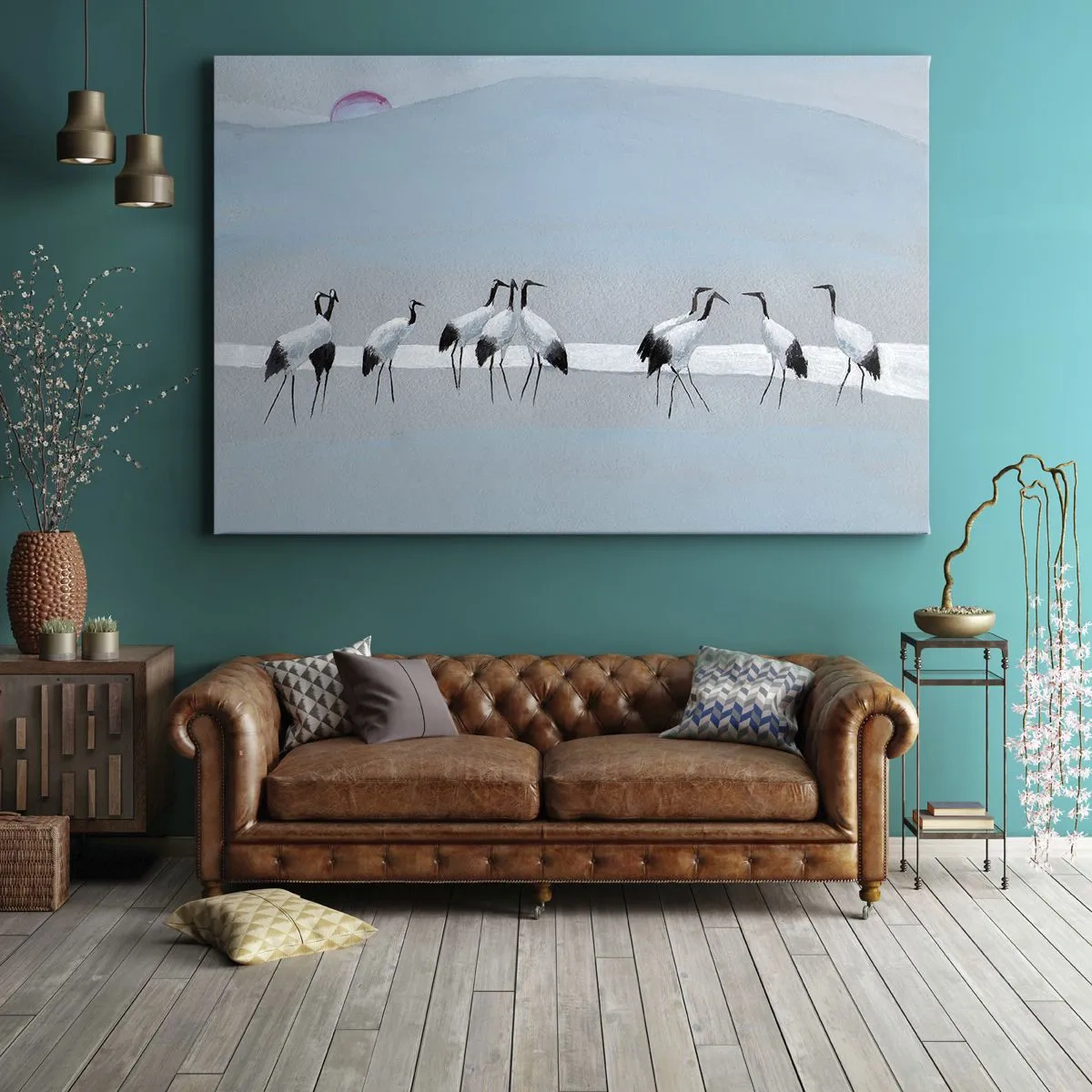 Obraz na plátne - Skupina žeriavov proti modrej oblohe a vychádzajúcemu slnku - 70x50cm - Po horúcom dni - Moderná nástenná dekorácia do obývacej izby a spálne ARTTOR