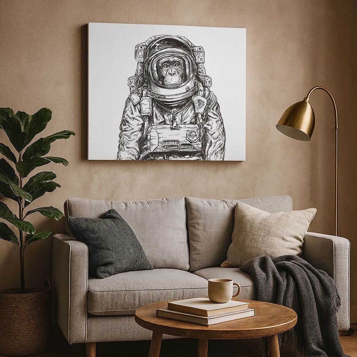 Obraz na plátne - Grafika astronauta v skafandri s opičou hlavou - 70x50cm - Alternatívny vývoj - Moderná nástenná dekorácia do obývacej izby a spálne ARTTOR