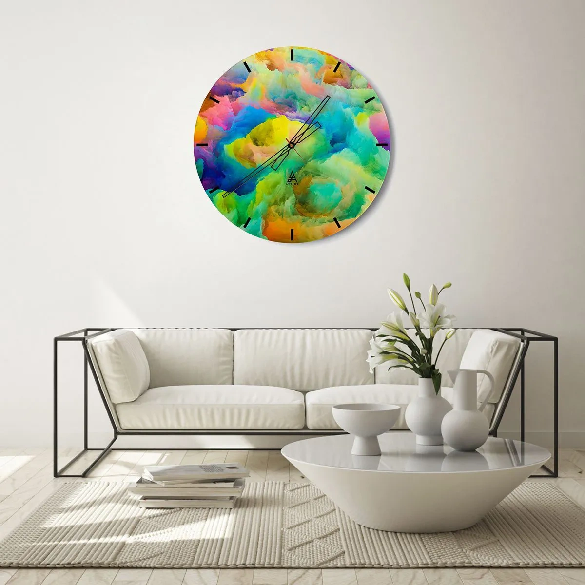 Nástenné hodiny - Abstraktné, farebné oblaky v jasných farbách - 30x30cm - Dúhové páperie - Moderná nástenná dekorácia do obývacej izby, kuchyne a spálne ARTTOR