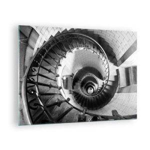Obraz na skle - Čiernobiela fotografia točitého schodiska v perspektíve - 70x50cm - Len vyššie a vyššie - Moderná nástenná dekorácia do obývacej izby a spálne ARTTOR