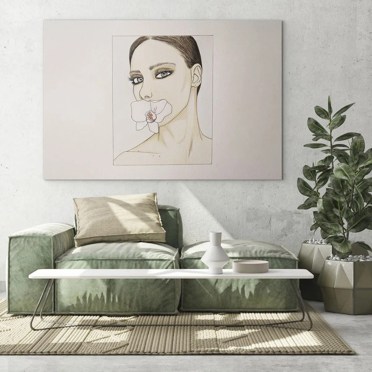Obraz na skle - Portrét ženy s orchideou v ústach na svetlom pozadí - 70x50cm - Symbol elegancie a krásy - Moderná nástenná dekorácia do obývacej izby a spálne ARTTOR