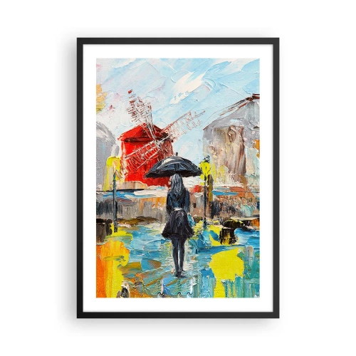 Plagát v čiernom ráme - Žena s dáždnikom na pozadí mesta v daždi - 50x70cm - Parížske legendy - Moderná nástenná dekorácia do obývacej izby a spálne ARTTOR