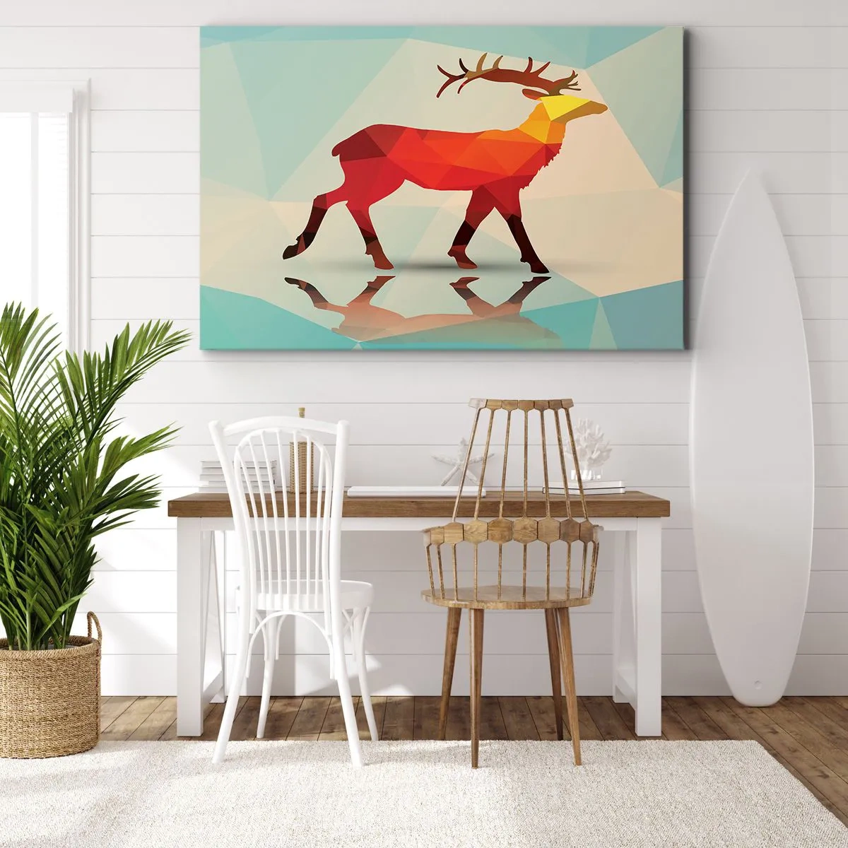 Obraz na plátne - Geometrická silueta jeleňa v odtieňoch červenej a oranžovej - 70x50cm - Geometrický jeleň - Moderná nástenná dekorácia do obývacej izby a spálne ARTTOR